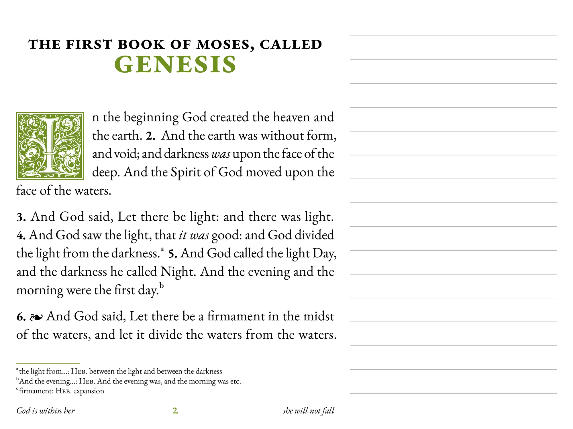 Interior spread of Custom Bible Notetaking Edition showing Genesis with green accents and lined margin