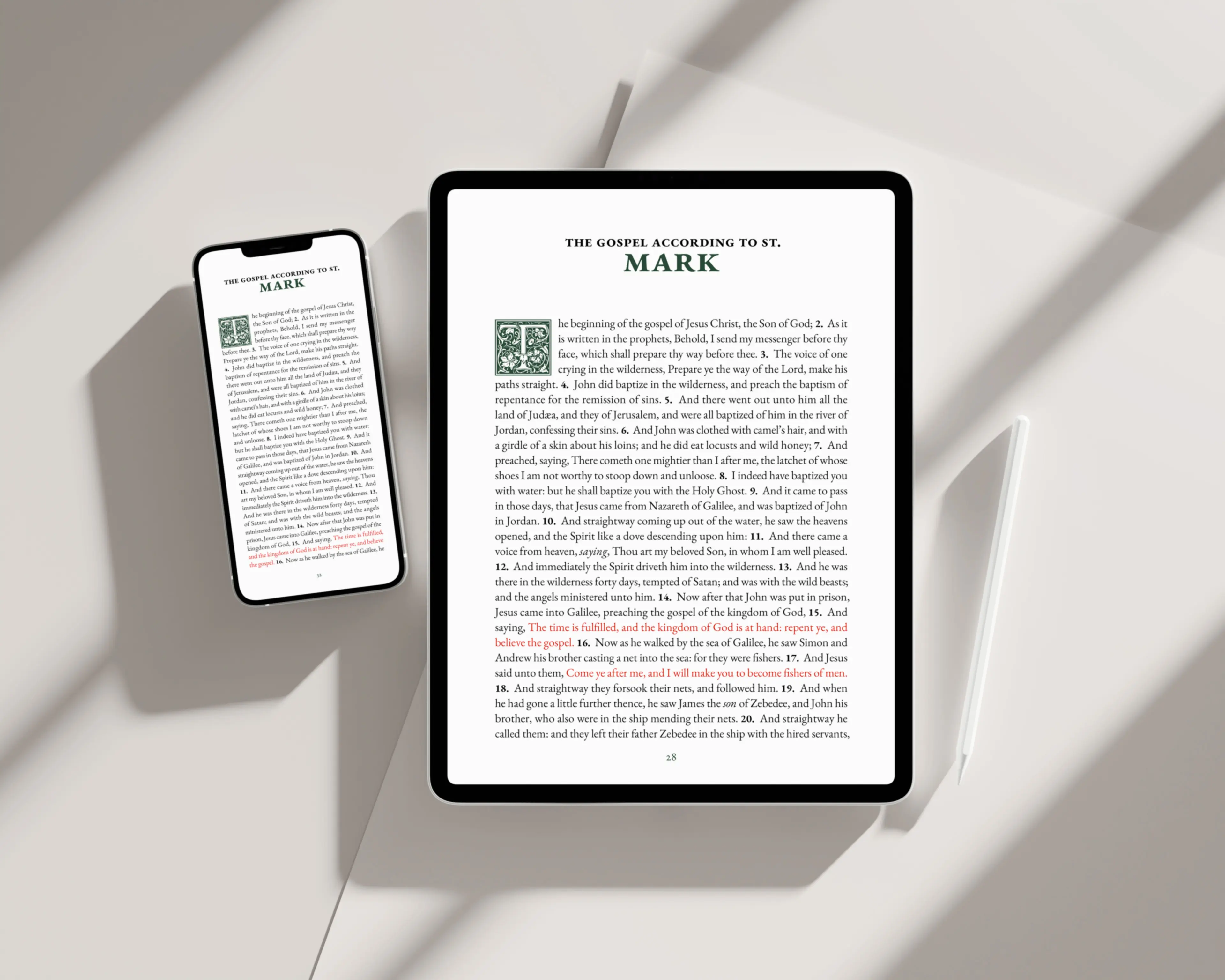 Mockup of tablet and smartphone showing Gospel of Mark from the notetaking edition
