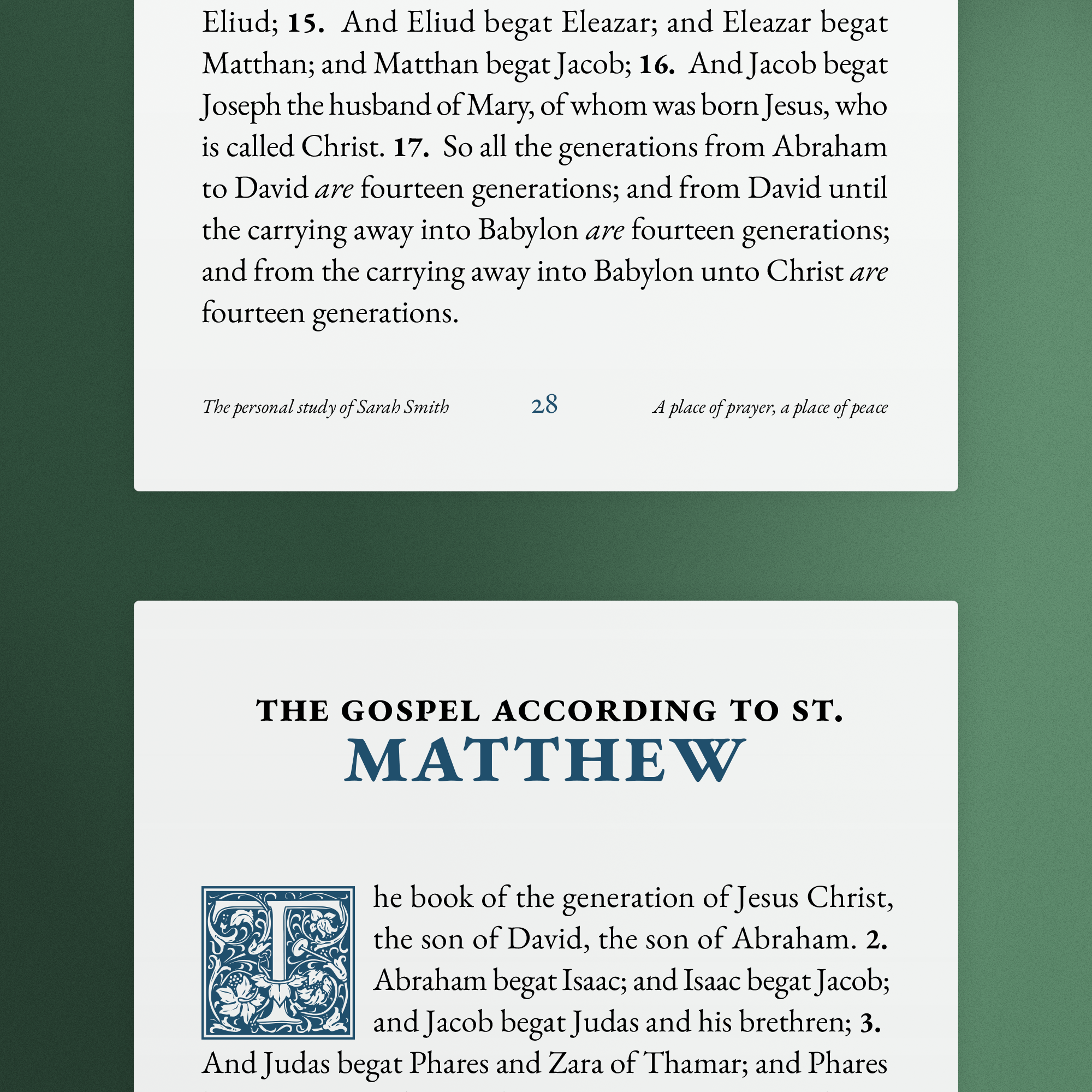 Two interior pages showing Custom Bible with personal footer and Gospel of Matthew in custom blue color scheme