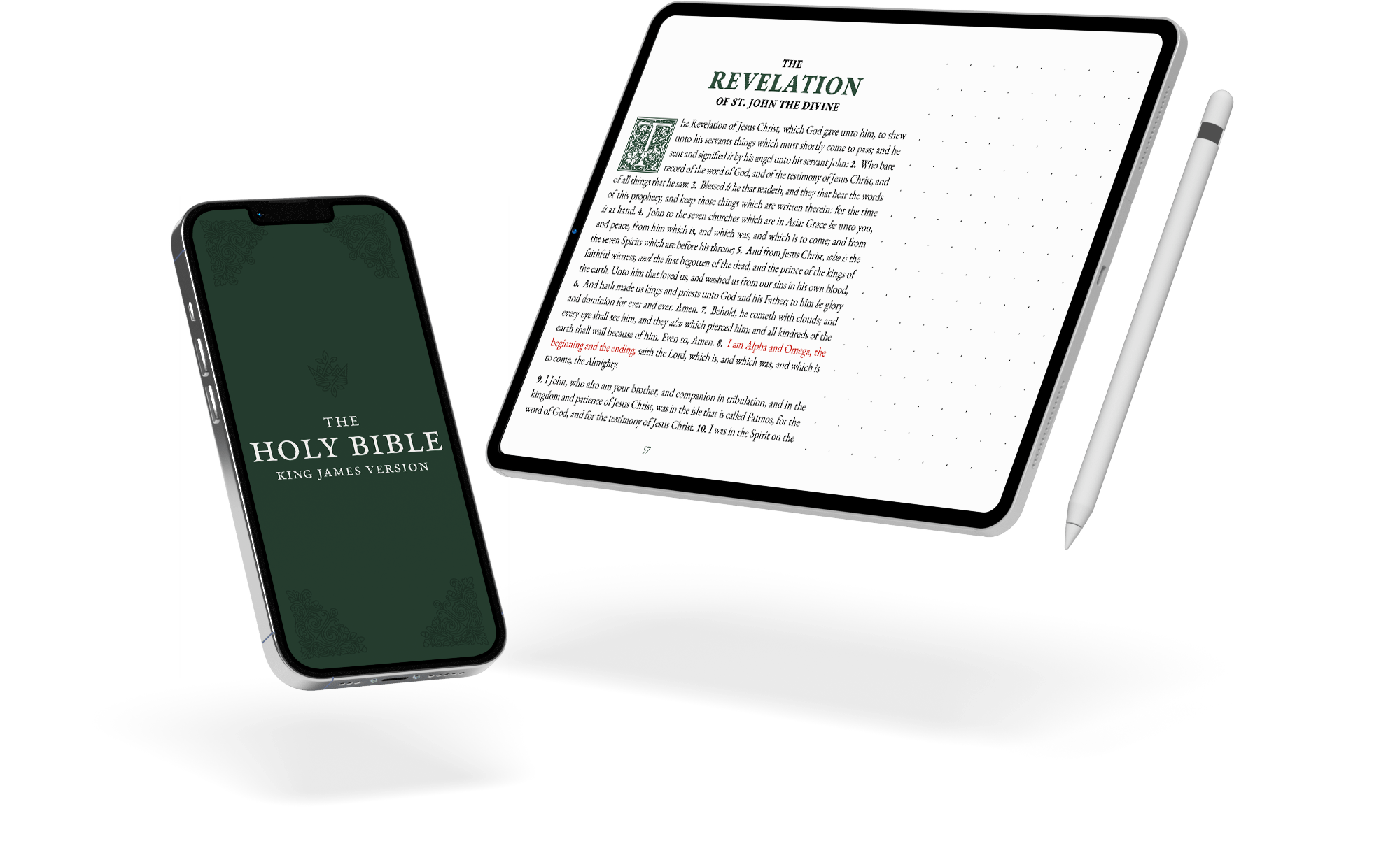 A phone and tablet displaying a digital King James note-taking Bible.